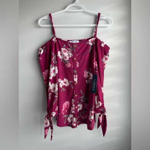 Floral Print Magenta Off the Shoulder Tie Up Button Down Blouse - Picture 5 of 5